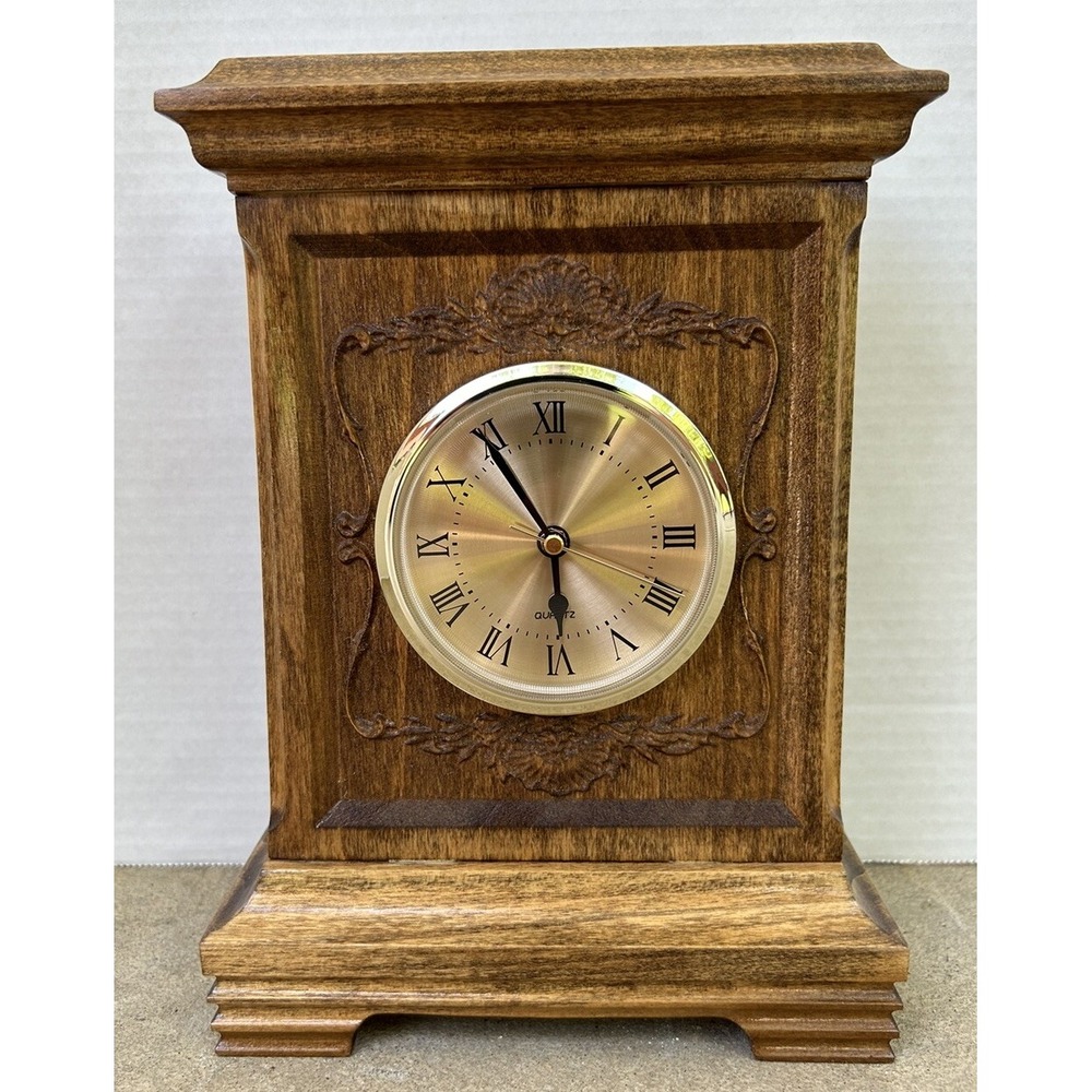 Clock Quartz Movement Works EUC Rare Wood Working Handmade Engraved OOAK‎ Mantle